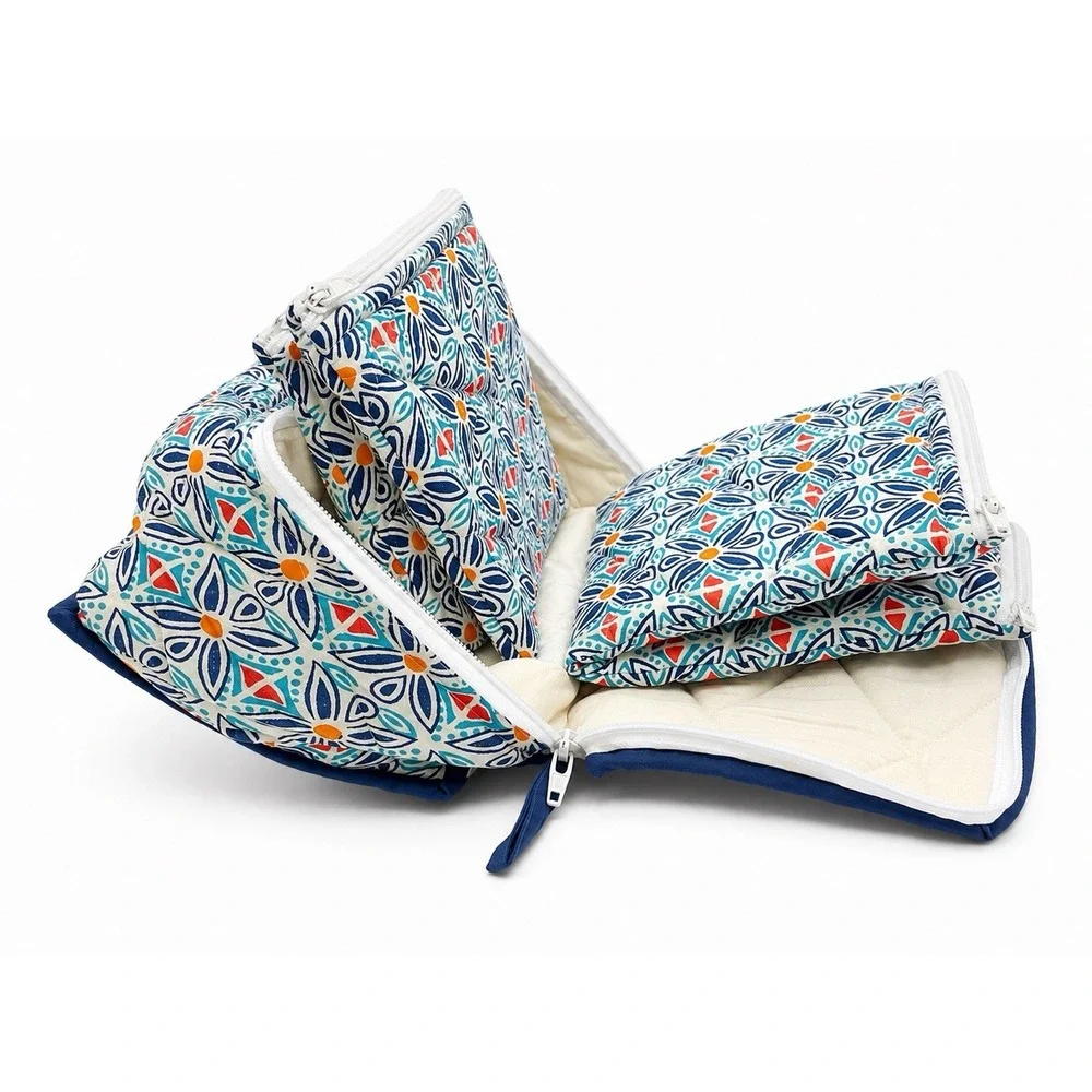 New Roberta Roller Rabbit Quilted Jewelry Pouch Blue Orange Geometric Zip Bag